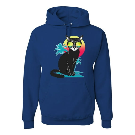 Cool California Beach Kitten Silhouette Sun Cat | Mens Cat Lover Hooded Sweatshirt Graphic Hoodie, Royal, Large