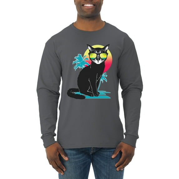 Cool California Beach Kitten Silhouette Sun Cat | Mens Cat Lover Long Sleeve T-Shirt, Charcoal, Medium