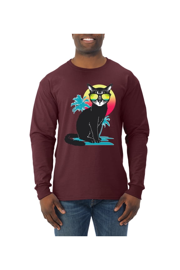 Cool California Beach Kitten Silhouette Sun Cat | Mens Cat Lover Long Sleeve T-Shirt, Maroon, 2XL