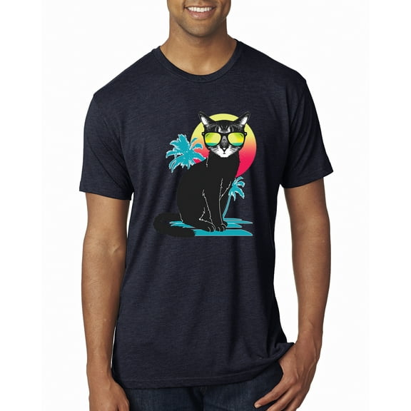Cool California Beach Kitten Silhouette Sun Cat | Mens Cat Lover Premium Tri Blend T-Shirt, Vintage Navy, Large