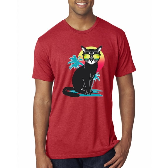 Cool California Beach Kitten Silhouette Sun Cat | Mens Cat Lover Premium Tri Blend T-Shirt, Vintage Red, Small