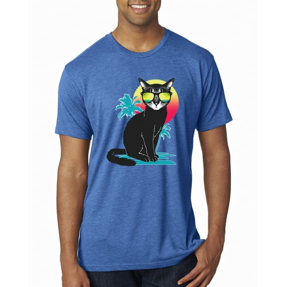 Cool California Beach Kitten Silhouette Sun Cat | Mens Cat Lover Premium Tri Blend T-Shirt, Vintage Royal, Medium