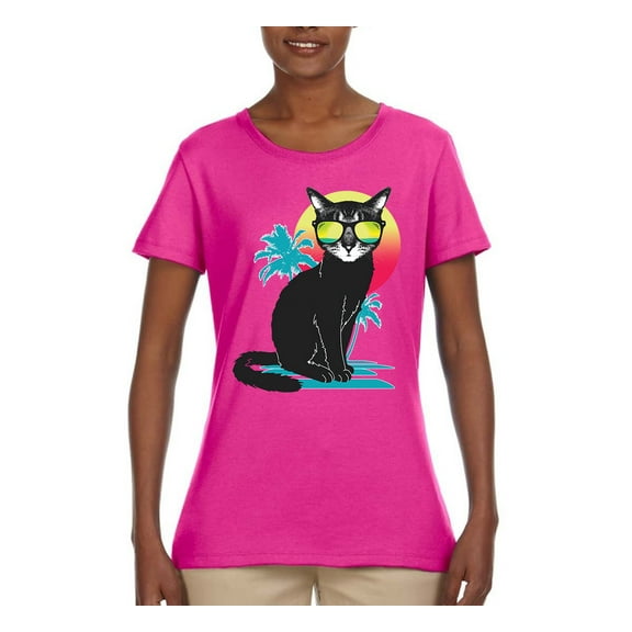 Cool California Beach Kitten Silhouette Sun Cat | Womens Cat Lover Graphic T-Shirt, Fuschia, X-Large