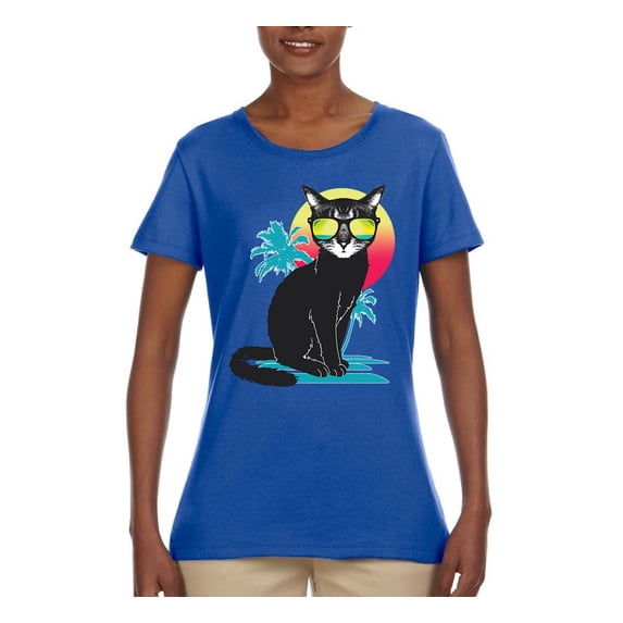 Cool California Beach Kitten Silhouette Sun Cat | Womens Cat Lover Graphic T-Shirt, Royal, Small