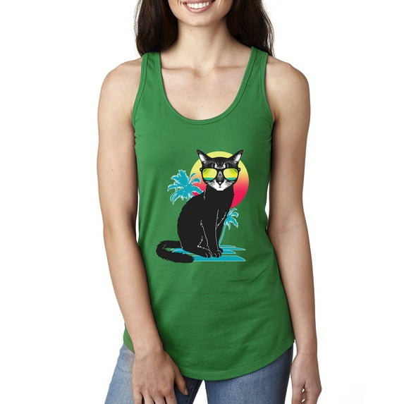 Cool California Beach Kitten Silhouette Sun Cat | Womens Cat Lover Jersey Racerback Tank Top, Kelly, Large