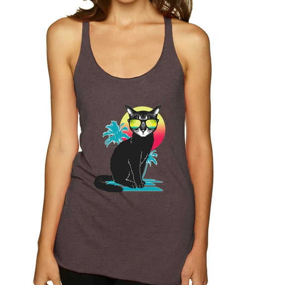 Cool California Beach Kitten Silhouette Sun Cat | Womens Cat Lover Premium Tri-Blend Racerback Tank Top, Brown, X-Large