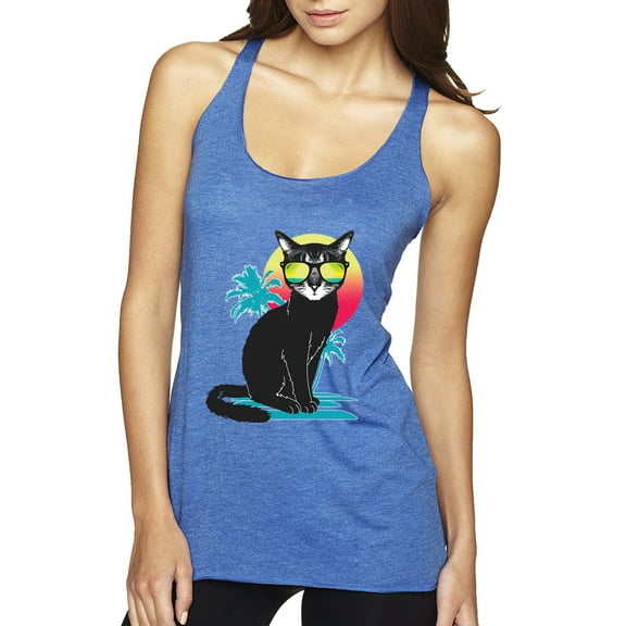 Cool California Beach Kitten Silhouette Sun Cat | Womens Cat Lover Premium Tri-Blend Racerback Tank Top, Vintage Royal, Large