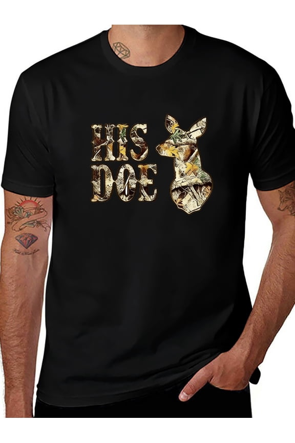 Cool Camo Buck Design His Doe Text Men's T-Shirt - Breathable Everyday Top Great Gift Idea for Father's Day Birthday Christmas for Outdoor Lovers