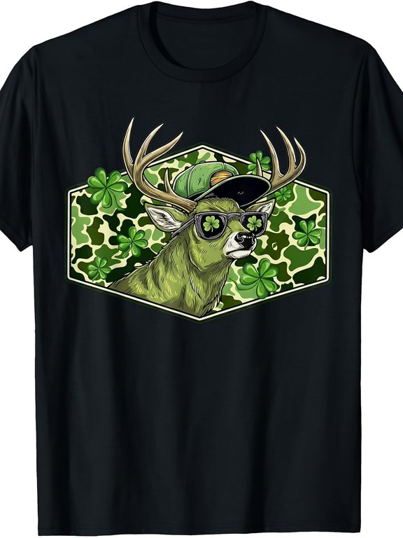Cool Camo Deer With Shamrocks And Sunglasses T Shirt For Kids Funny Cute Style St Patricks Day Gift Unisex Short Sleeve Cotton Tee