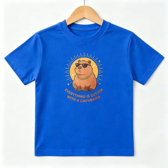 Cool Capybara Gold Chain Boys Graphic Tees Animal Kids T-Shirt 100% Cotton Short Sleeve Tops Ages 4-13Y