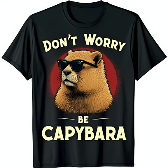 Cool Capybara in Sunglasses Graphic Tee Black T-Shirt with Fun Don t Worry Be Capybara Design