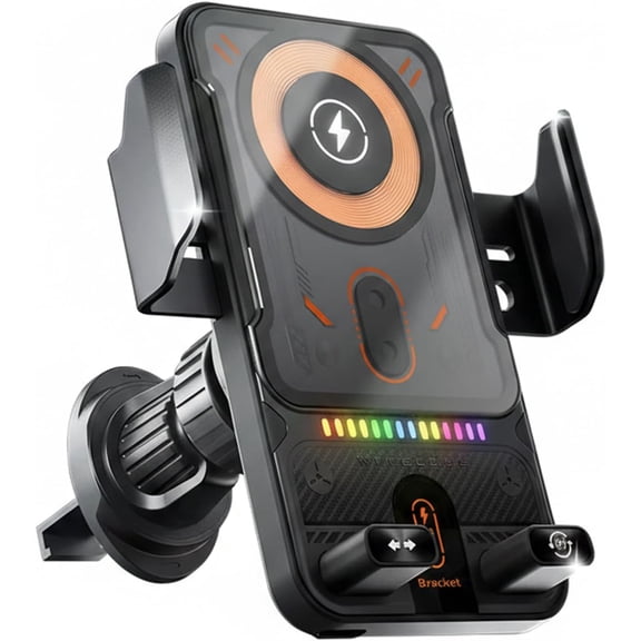 Cool Car Wireless Fast Charging Holder, 15W Auto-Clamping Wireless Car Charger Mount with Motorized 90° Rotation, Universal Air Vent Phone Holder for 4.0"-7.2" Smartphones, RGB Ambient Light (Black)