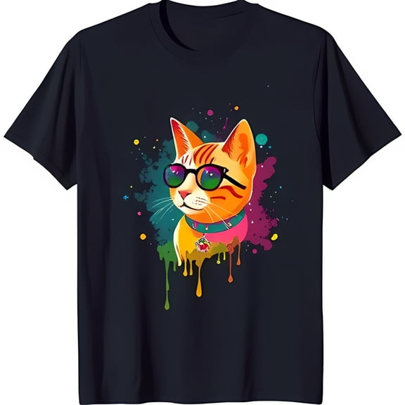 Cool Cartoon Cat in Sunglasses Graphic on Black T-Shirt Fun & Stylish