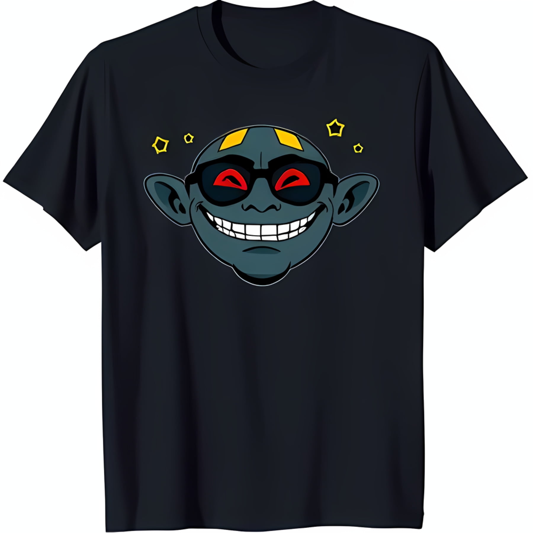 Cool Cartoon Goblin TShirt with Sunglasses & Yellow Stars Black Tee