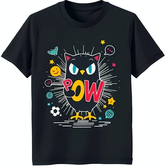 Cool Cartoon Owl Graphic Black T-Shirt with Colorful Sign & Stars