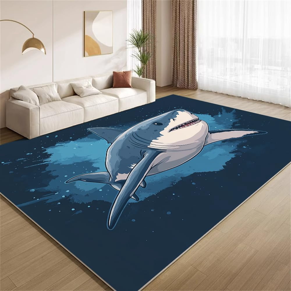 Cool Cartoon Shark Area Rugs, Navy Blue Marine Life Carpet, Washable ...