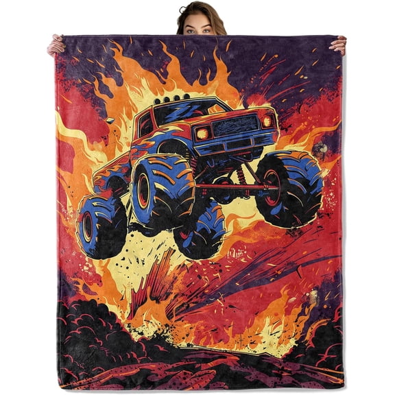 Cool Cartoon Truck Blanket for Home Decor, Fiery Cartoon Design, Men Boys Car Lovers Gifts, 50"x60", Soft Fleece, Lightweight and Breathable, Ideal for Couch Bed Office Cabin Dorm