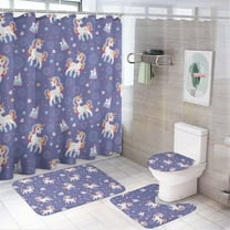 Cool Cartoon Unicorn 4 Piece Shower Curtain Sets,Fantasy Galaxy Cute Girls Butterfly Unicorn Non-Slip Rugs,Toilet Lid Cover and Bath Mat,Durable and Waterproof,for Bathroom Decor Set