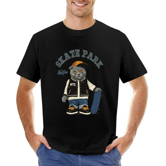 Cool Cat And Skateboard Vintage T-shirt Mens Cotton Classic Crewneck Short Sleeve Tees Unisex Black XS