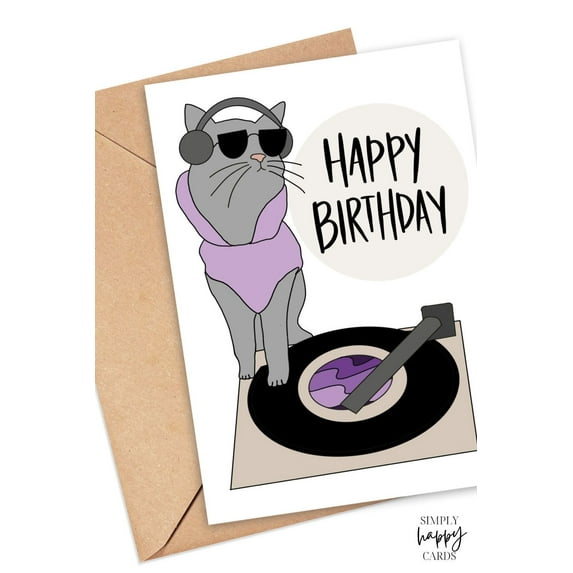 Cool Cat Birthday Card – Trendy Sunglasses & Record Player Design – Blank Inside, Envelope Included – Perfect for Cat Lovers & Music Enthusiasts