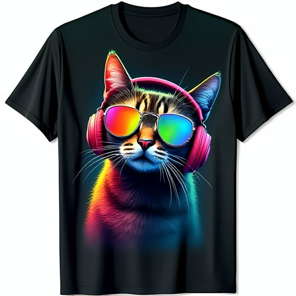 Cool Cat Black T-Shirt with Colorful Sunglasses & Red Headphones Unique Rainbow Design