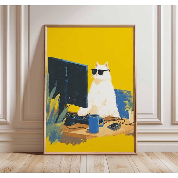 Cool Cat Computer Funny Animal Modern Quirky Digital Office Decor Unframed Paper Print