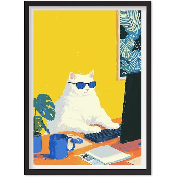 Cool Cat Computer Poster, Funny Animal Wall Art, Modern Quirky Illustration, Matte Canvas Stretched, Posters for Room Bedroom Living Room Bathroom Wall Decor, Posters & Art Prints, Gift.