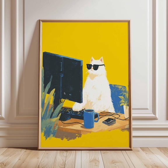 Cool Cat Computer Poster Funny Animal Wall Art Modern Quirky Illustration for Home Office Decor