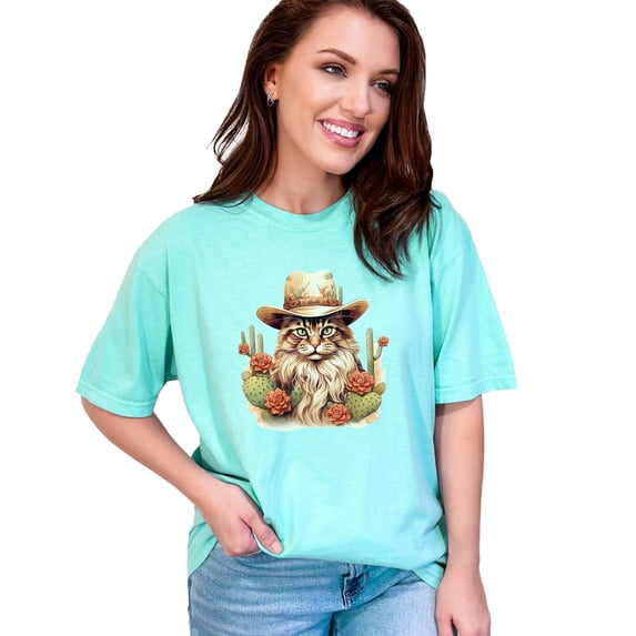 Cool Cat Cowboy T-Shirt, Funny Cat Lover Gift, Western Country Music Tee, Cactus and Roses Design, Unique Animal Graphic Shirt, Chalky Mint Comfort Colors T-Shirt, Large