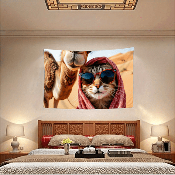 Cool Cat in Desert Tapestry - Funny Tabby Cat with Sunglasses and Red Scarf, Traveling with Camel in Sahara, Unique Animal Art Wall Hanging for Bedroom, Living Room, Dorm Decor