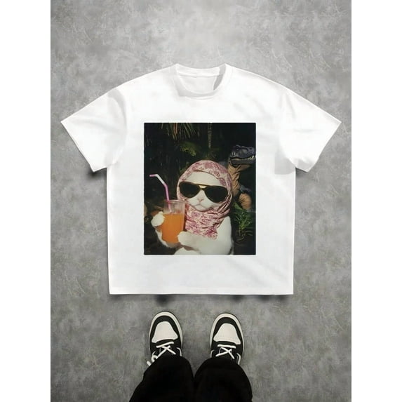 Cool Cat & Dinosaur Digital Printed T Shirt Men's Round Neck ShortSleeved 100% Cotton Tee Summer Vacation Graphic Tee| Two colors S-5XL SIZE