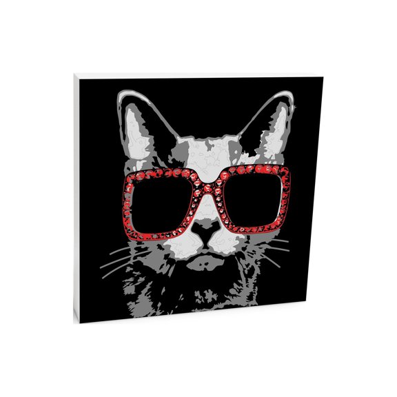 Cool Cat Face Sparkly Red Sunglasses 10 x 10 Wood Tabletop Sign Plaque