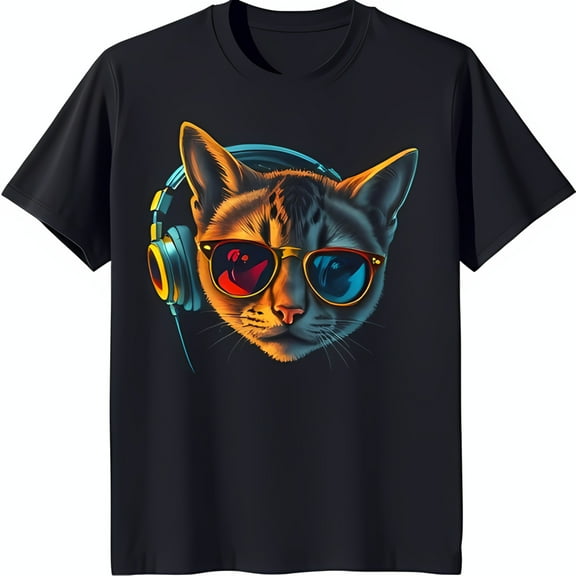 Cool Cat Graphic Black T-Shirt with Headphones & Sunglasses Design