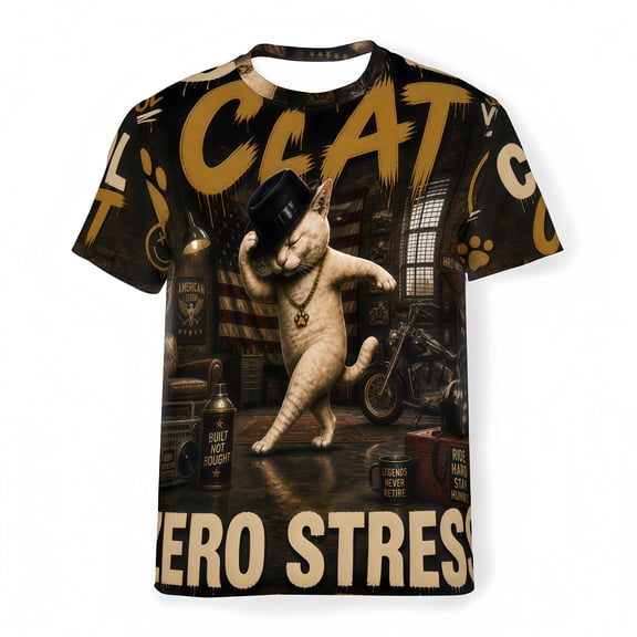 Cool Cat Graphic T Shirt for Men Funny Zero Stress Vintage Biker Tee American Style Casual Shirt Gift for Dad