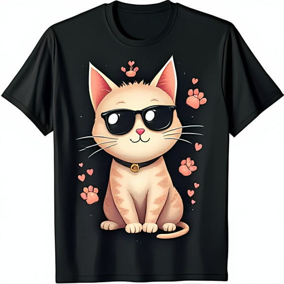 Cool Cat Graphic Tee Whimsical Sunglasses Cat Design on Black T-Shirt