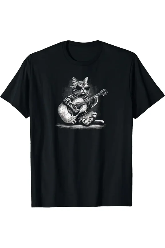 Cool Cat Playing Acoustic Guitar Graphic Unisex Short Sleeve T-Shirt
