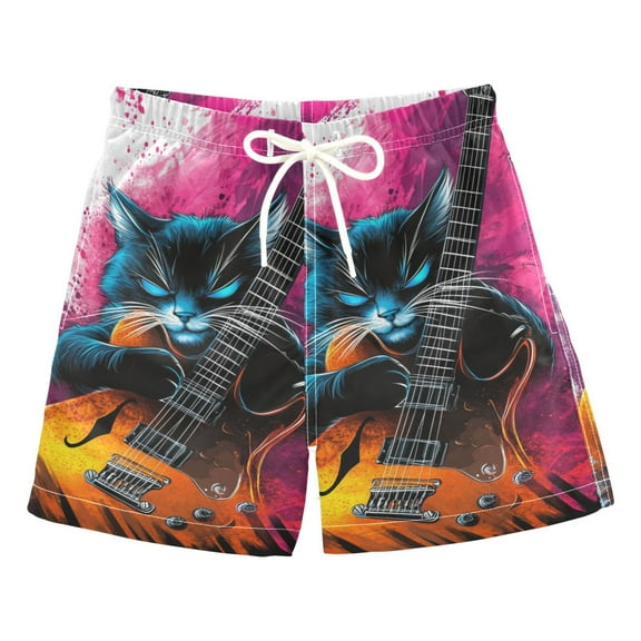 Cool Cat Playing Guitar Boys Swim Trunks Quick Dry Boy Swim Shorts for 3-14 Years