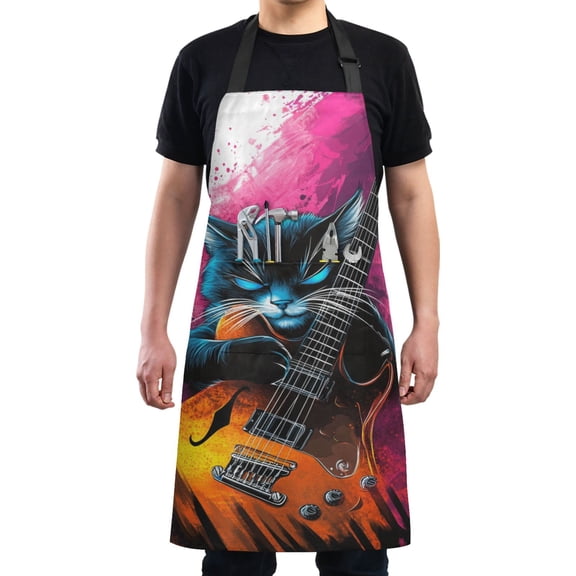Cool Cat Playing Guitar Chef Kitchen Apron with Pockets for Women Waterproof Aprons for Cooking Baking