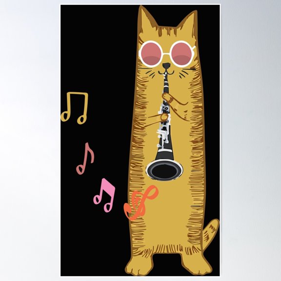 Cool Cat Playing The Clarinet Poster Wall Art, Modern Wall Decor For Living Room Bedroom, 12x18 UNFRAMED