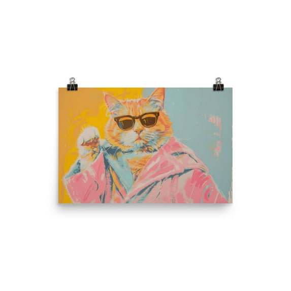 Cool Cat Poster Print Animal Pet Painting Maximalist Design Wall Art Gift Home Decor (12″×18″)