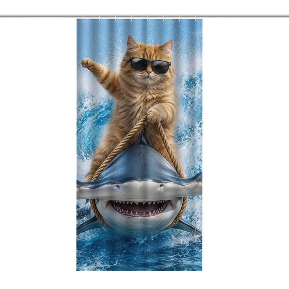 Cool Cat Riding Hammerhead Shark Shower Curtain, Novelty Bathroom Curtain with Hooks, Waterproof & Opaque Privacy Polyester Fabric for Modern Home Decor 36×70.8Inch