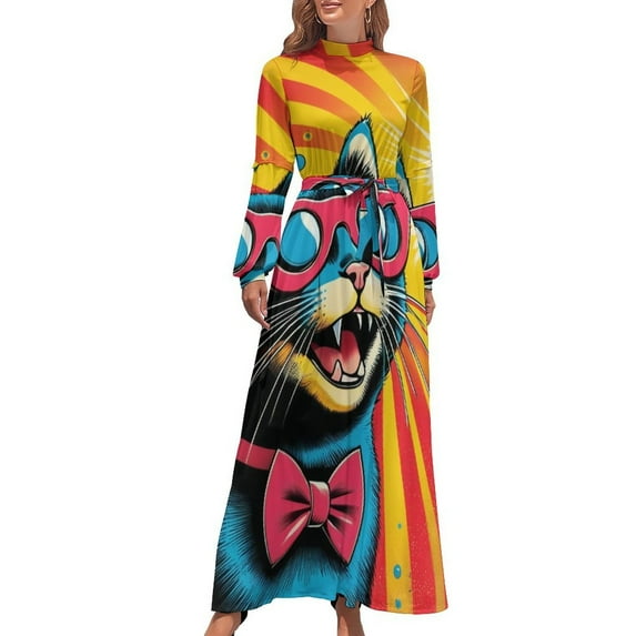 Cool Cat Sunglasses Women's Long Dress Long Sleeves Dress Vintage Dresses Party Maxi Dress High Waist Dress