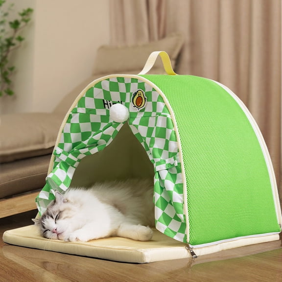 Cool Cat Tent House for Spring & Summer – Ice Silk Mat, Moisture - Proof Bottom, Small Dogs Cave Nest Bed Sleeping Pad S/M