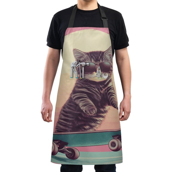 Cool Cat Wearing Sunglasses Chef Kitchen Apron with Pockets for Women Waterproof Aprons for Cooking Baking
