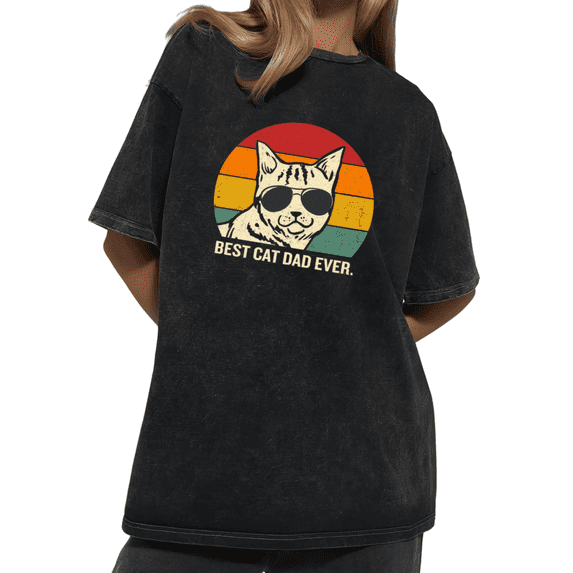 Cool Cat With Sunglasses Retro Wash Print Tshirt S-2XL Acid Washed Black Graphic Tees Casual Shirts for Cat Dads Tops
