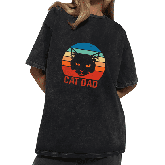 Cool Cat With Sunglasses Retro Wash Print Tshirt S-2XL Acid Washed Black Graphic Tees Casual Shirts for Cat Dads Tops