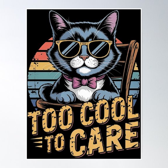 Cool Cat With Sunglasses - Too Cool To Care Retro Style Design Poster Wall Art, Modern Wall Decor, 8x12 UNFRAMED
