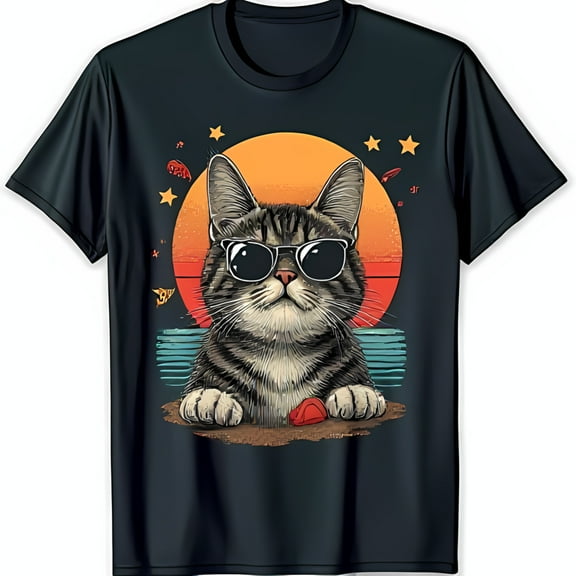 Cool Cat in Sunglasses Retro Beach Sunset Black T-Shirt for Cat Lovers