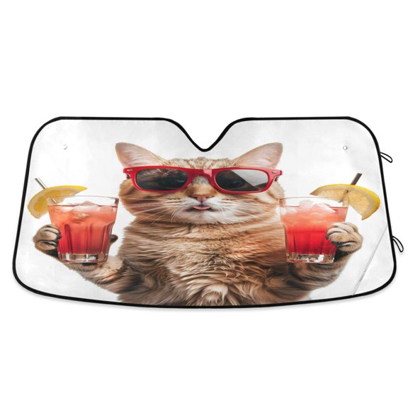 Cool Cat with Drinks Car Windshield Sun Shade Foldable Car Front Window Visor Heat and UV Protection 57x31.5