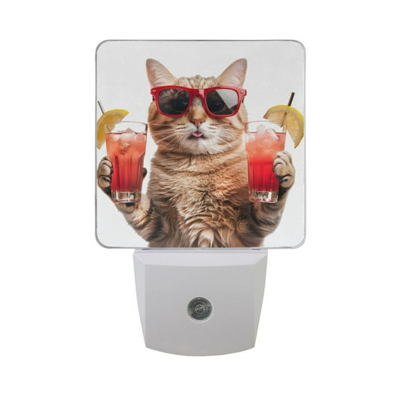 Cool Cat with Drinks Night Light 2 Pack LED Nightlight Plug into Wall Dusk to Dawn Sensor Soft White